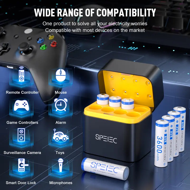 SPELEC 3600mWh Compatible with Lithium AA Rechargeable Batteries Fast Charger, 8-Pack 1.5V Constant Output, High-Capacity Long-Lasting Performance Double A Battery Pack