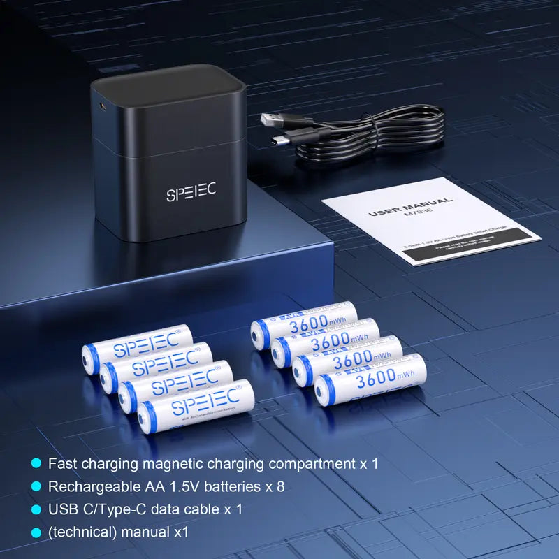 SPELEC 3600mWh Compatible with Lithium AA Rechargeable Batteries Fast Charger, 8-Pack 1.5V Constant Output, High-Capacity Long-Lasting Performance Double A Battery Pack