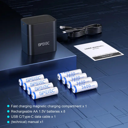 SPELEC 3600mWh Compatible with Lithium AA Rechargeable Batteries Fast Charger, 8-Pack 1.5V Constant Output, High-Capacity Long-Lasting Performance Double A Battery Pack